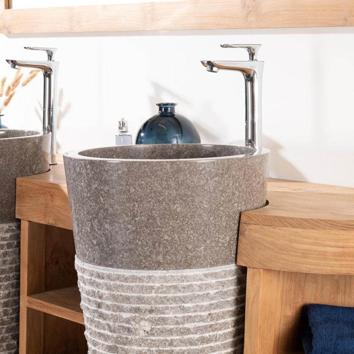 Meuble + vasques double en teck rectangle 180cm FLORENCE gris, WANDA COLLECTION
