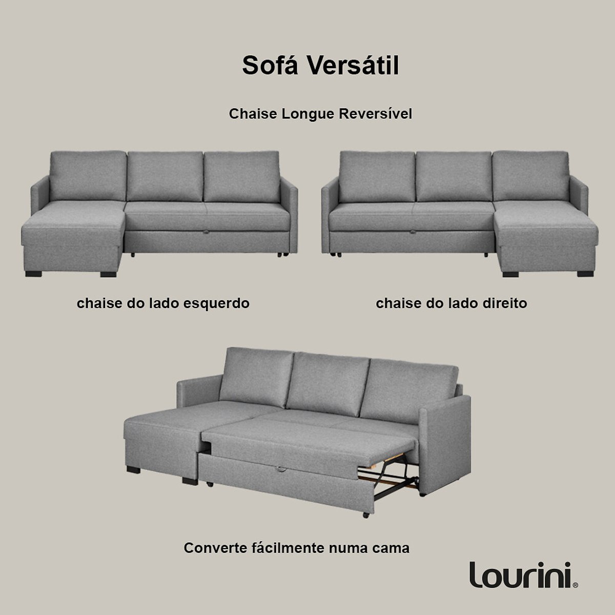 Sofá Justin, Bege, de 3 Lugares reversível, Lourini® cinzento, LOURINI