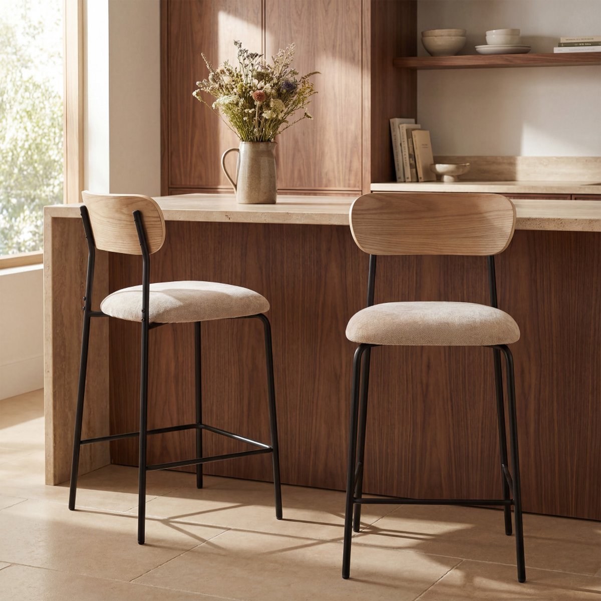 Lot de 2 chaises de bar bois clair tissu et métal H65cm- JESS beige, DRAWER