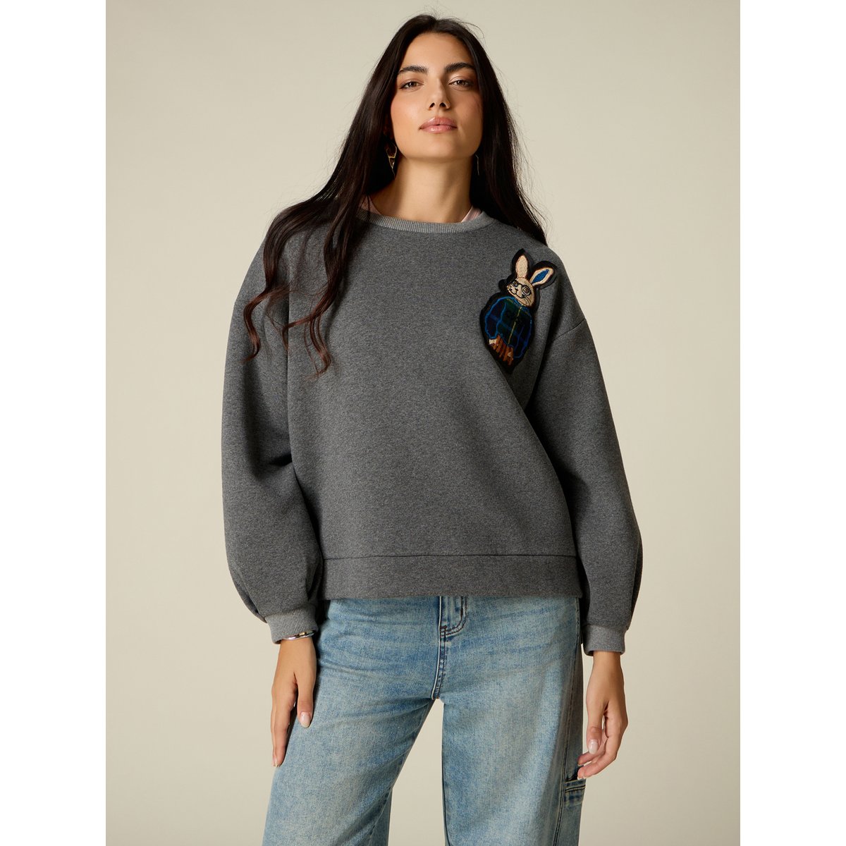 Sweat-shirt ras du cou avec patch gris, OLTRE