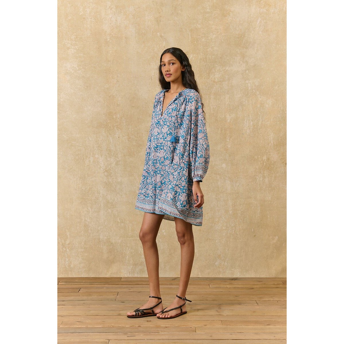 Robe courte à manches longues imprimé floral, JANICE imprimé bleu, LOUISE MISHA