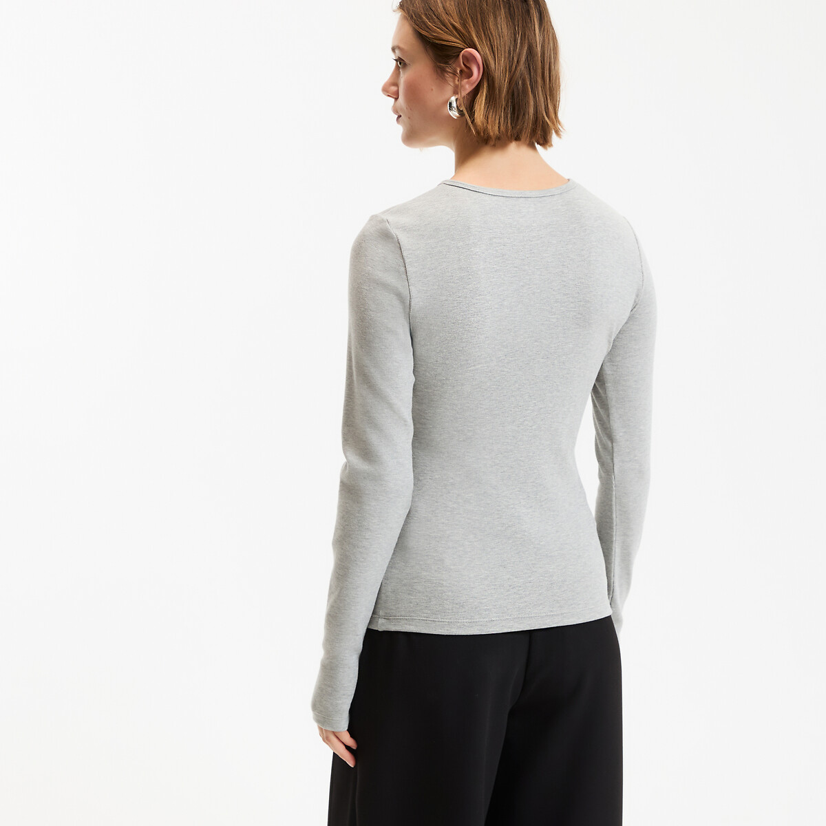 Grandad Collar T-Shirt with Long Sleeves grey marl, LA REDOUTE COLLECTIONS