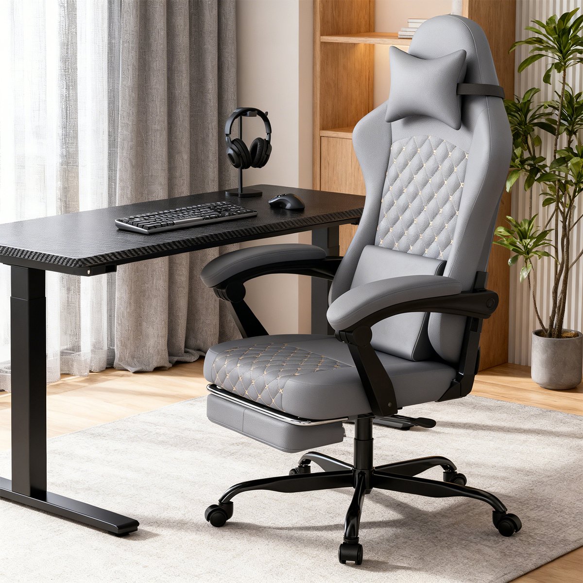 Chaise de bureau et jeu ergonomique avec repose-pieds escamotable et soutien lombaire, CURRIA gris, MEUBLES COSY