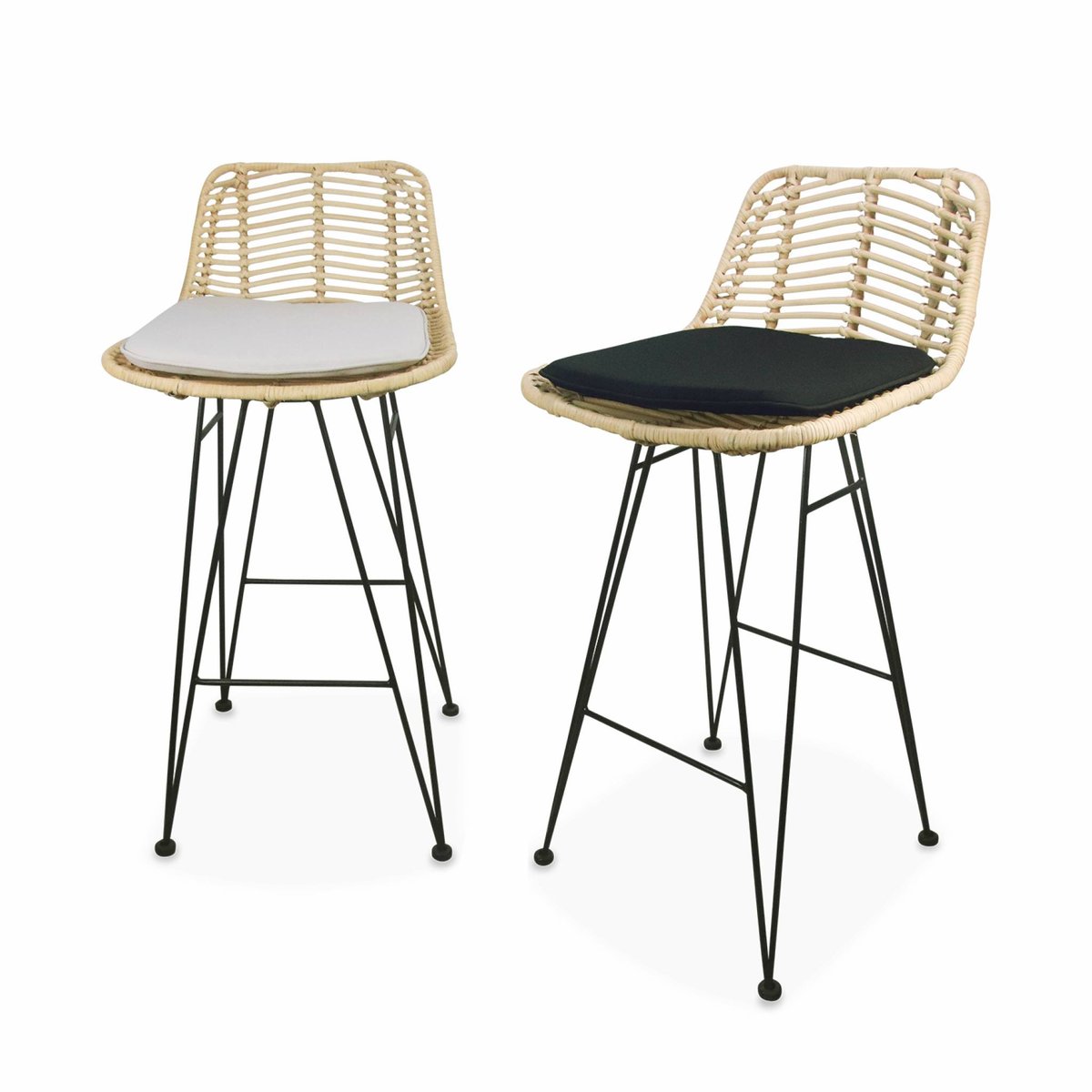 Tabouret de bar métal et rotin 67cm (lot de 2) CAHYA noir, SWEEEK