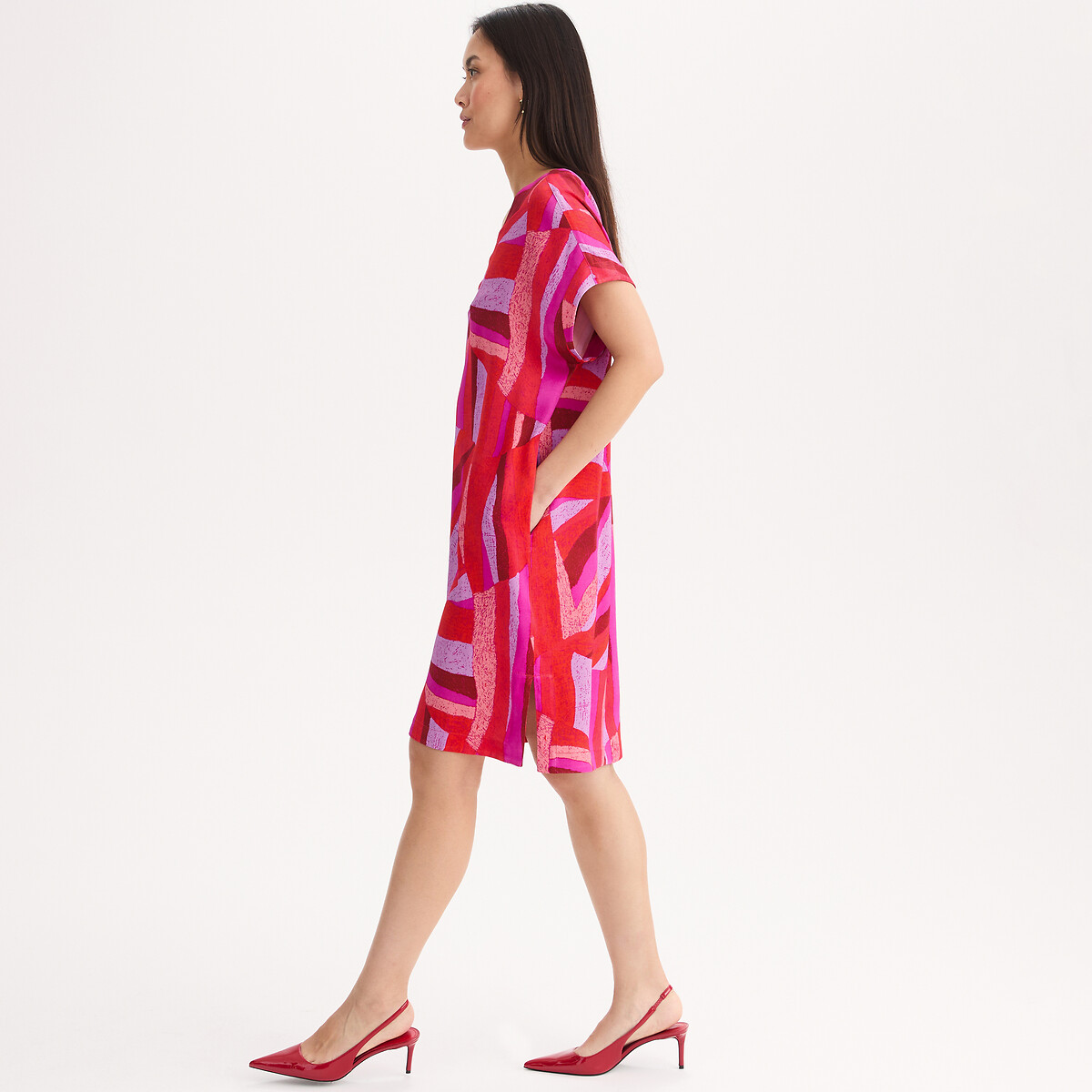 Robe au genou manches courtes imprimée en viscose imprimé corail, ANNE WEYBURN
