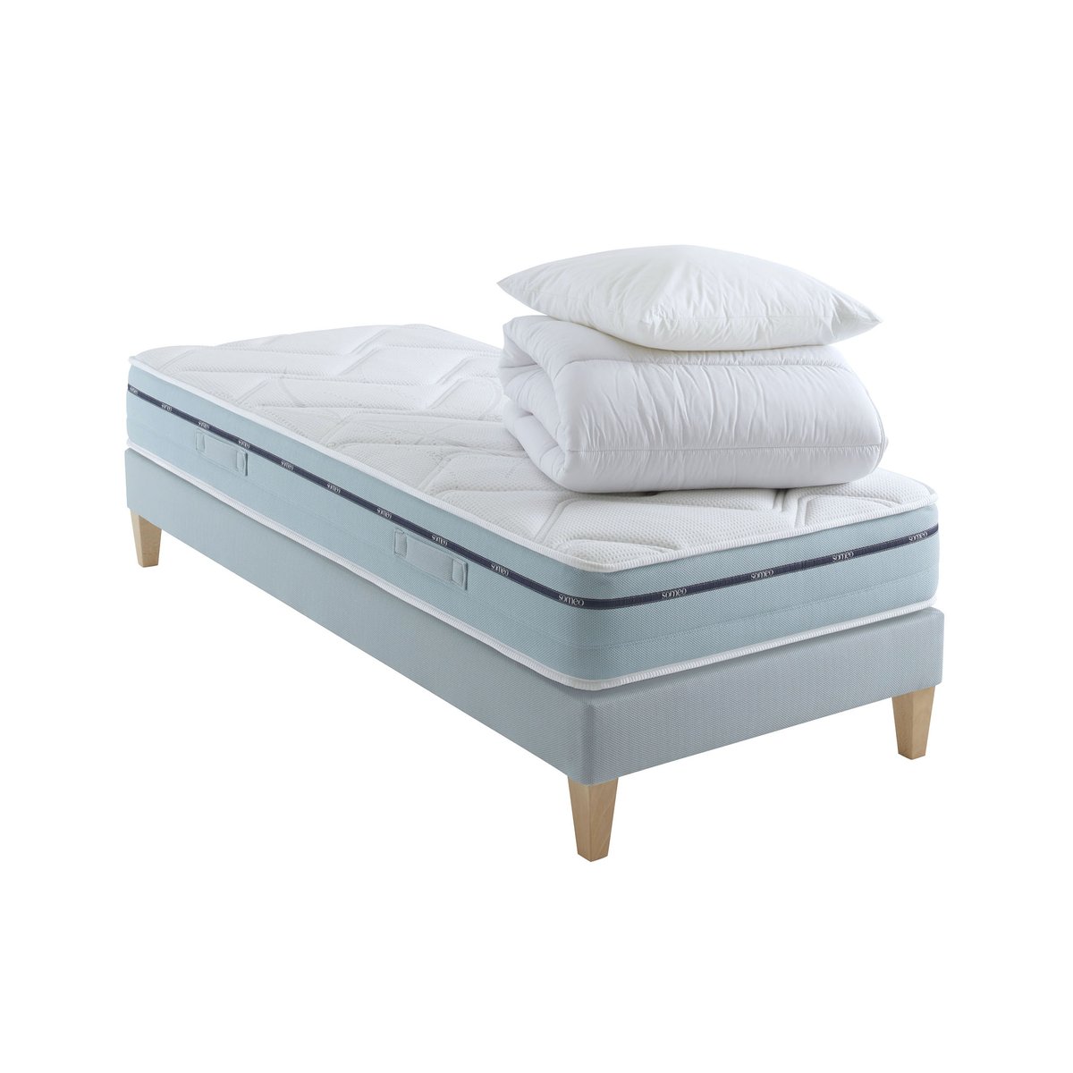 Ensemble matelas mémoire de forme, sommier, pieds, couette et oreiller Songe 500 blanc, SOMEO