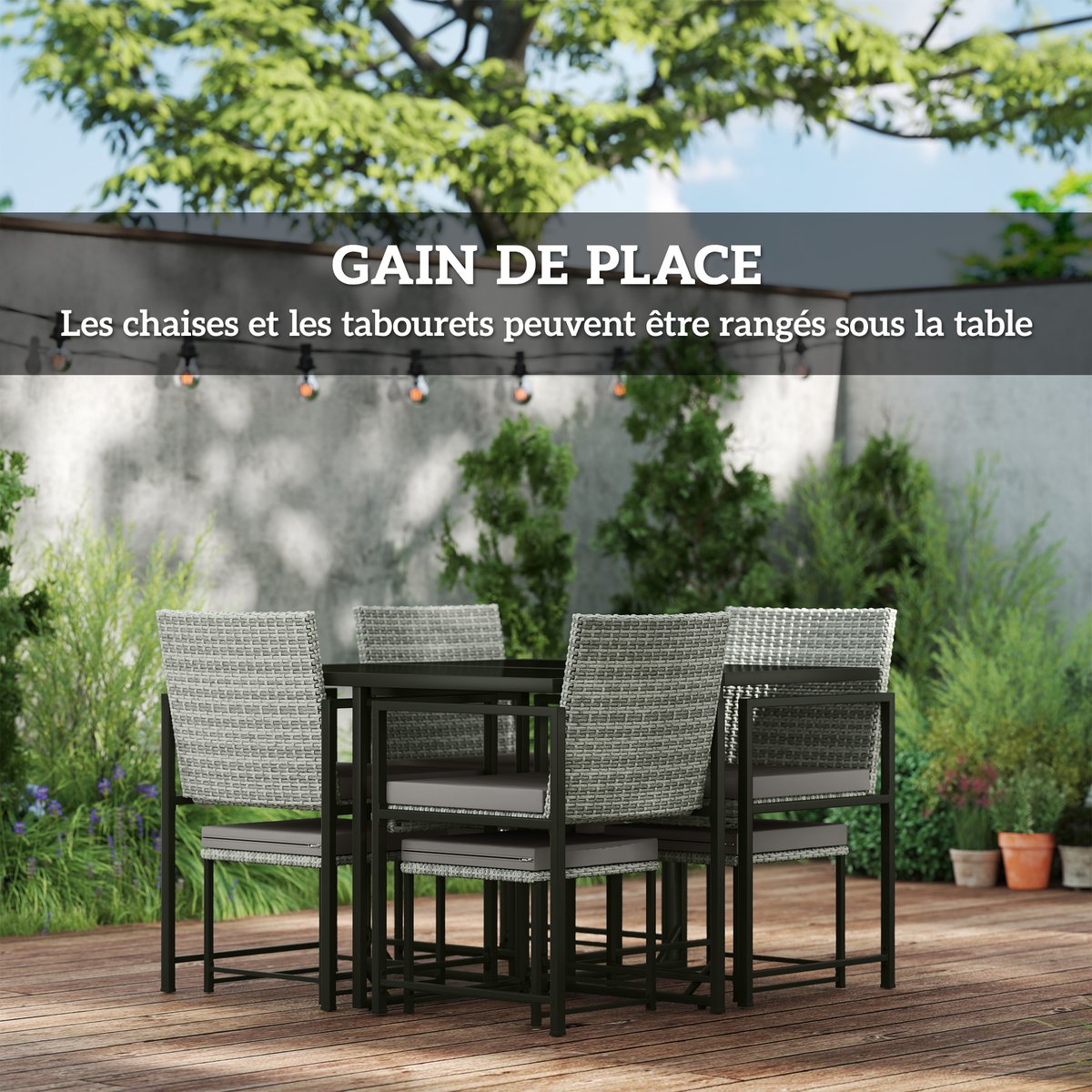 Ensemble de salle à manger en rotin Acier gris, OUTSUNNY