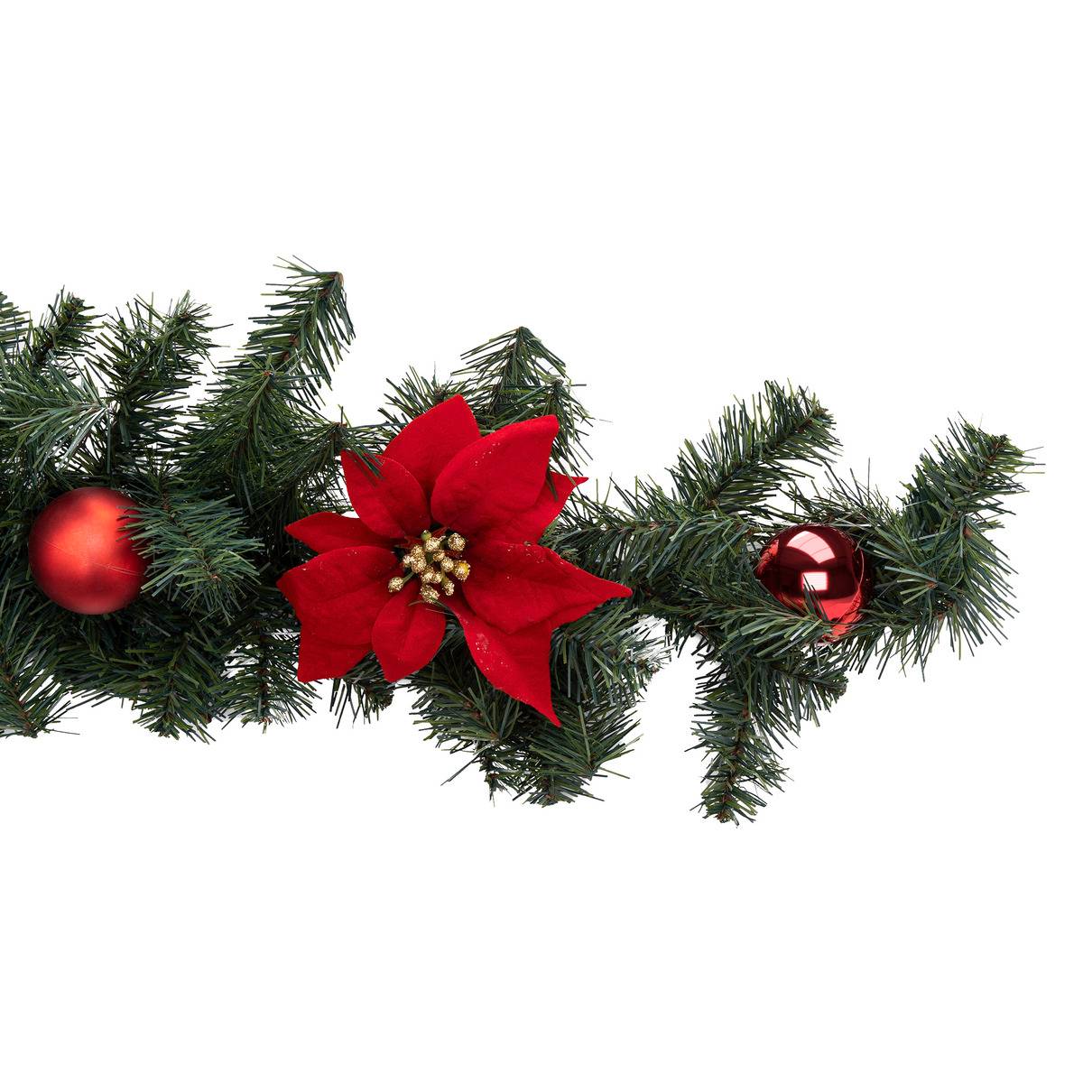 Guirlande de Noël poinsettias rouges boules rouges en plastique 2m vert, FEERIC LIGHTS & CHRISTMAS