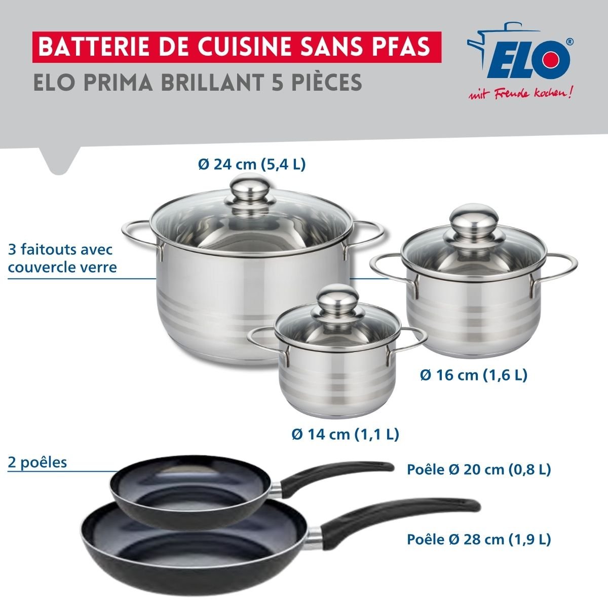 Batterie 2 poêles 20/28cm + 3 faitouts 14/16/24cm PRIMA BRILLANT noir, ELO