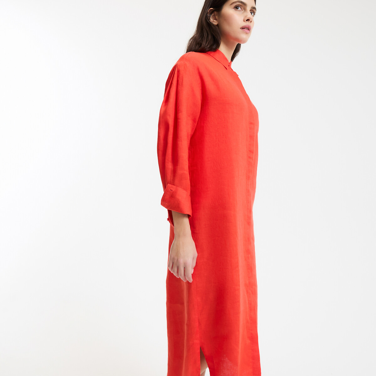 Robe-chemise droite, en lin, longue, manches longues rouge grenadine, LA REDOUTE COLLECTIONS