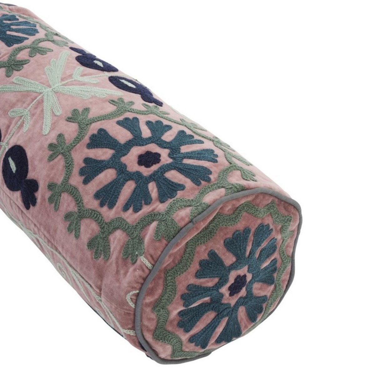 Coussin rouleau velours brodé floral Suzani rose, MADAM STOLTZ