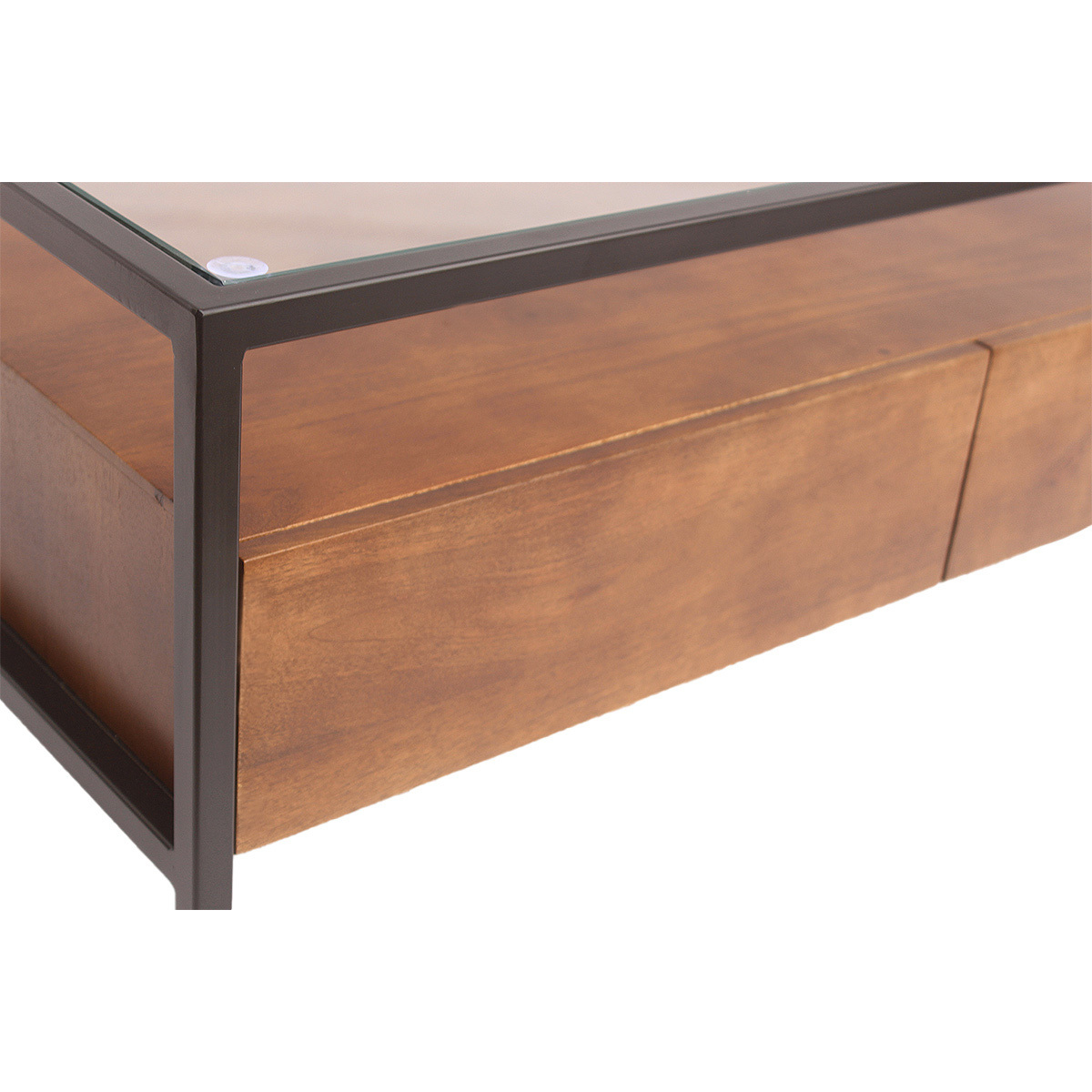Table basse rectangulaire avec rangements en bois foncé manguier massif, verre et métal noir L100 cm SITA couleur unique, MILIBOO