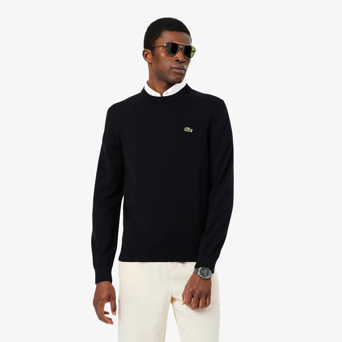 Pull coton uni col rond noir-031, LACOSTE