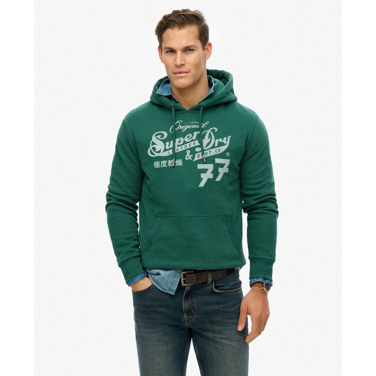 Sweat à capuche Leather & Boot Co Script vert émail, SUPERDRY