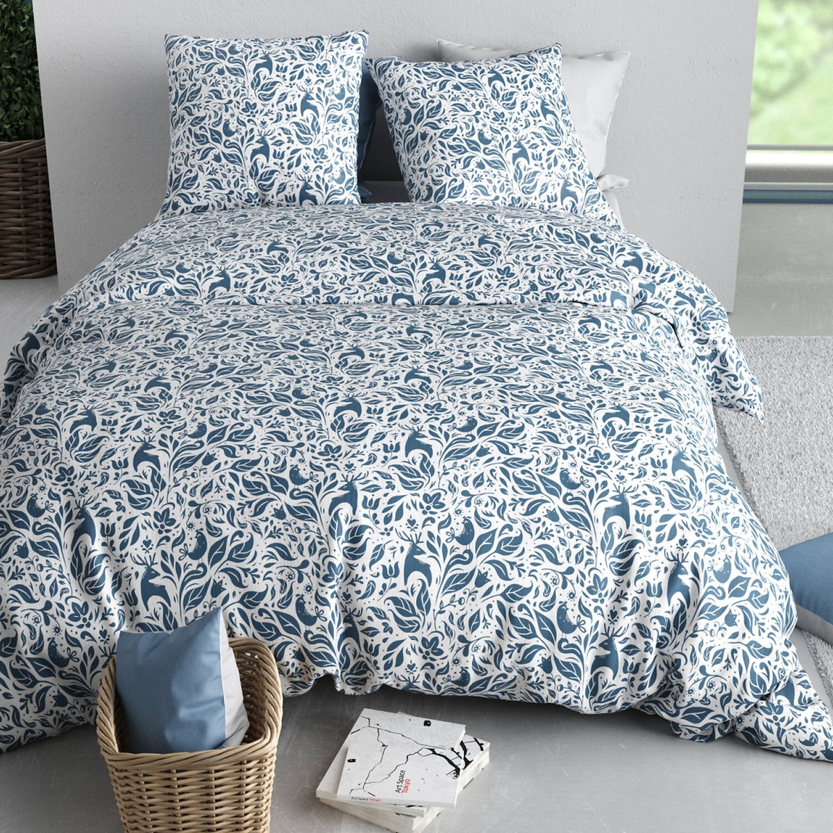 Paure coton imprimée couette et 2 taies, BLOUVA bleu, ATELIER DU COTON
