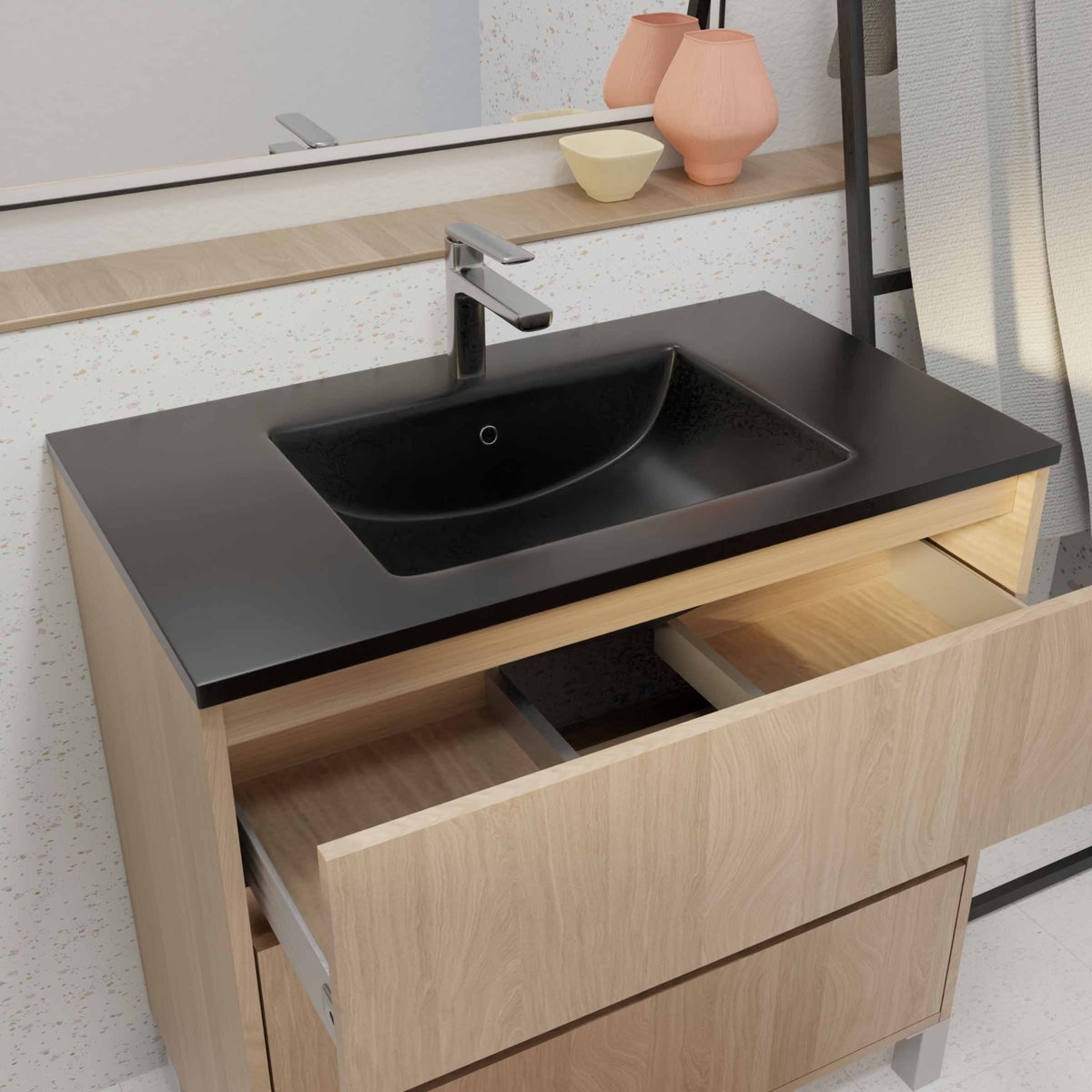 Meuble de salle de bains sur pieds avec 3 tiroirs et vasque en céramique noir, HOME MAISON
