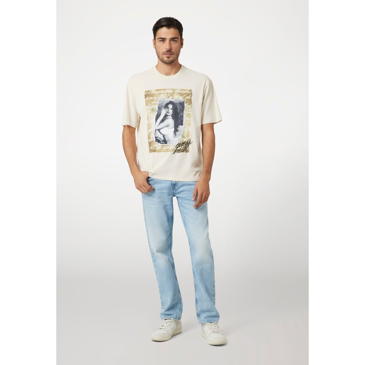 T-Shirt Imprimé Frontal crème, GUESS