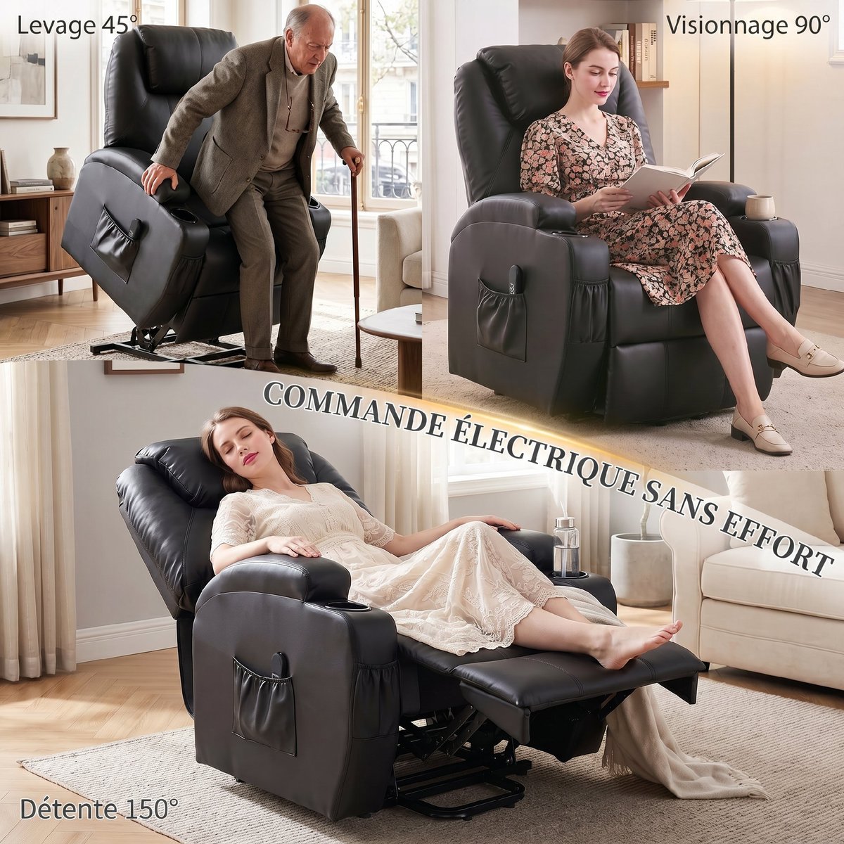 Fauteuil releveur électrique PU Noir noir, HOMCOM