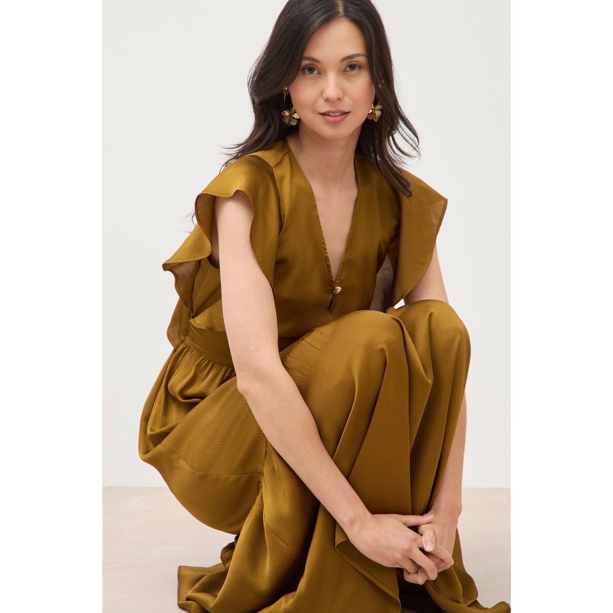 Robe fluide col v manches courtes vert fonce, BONOBO