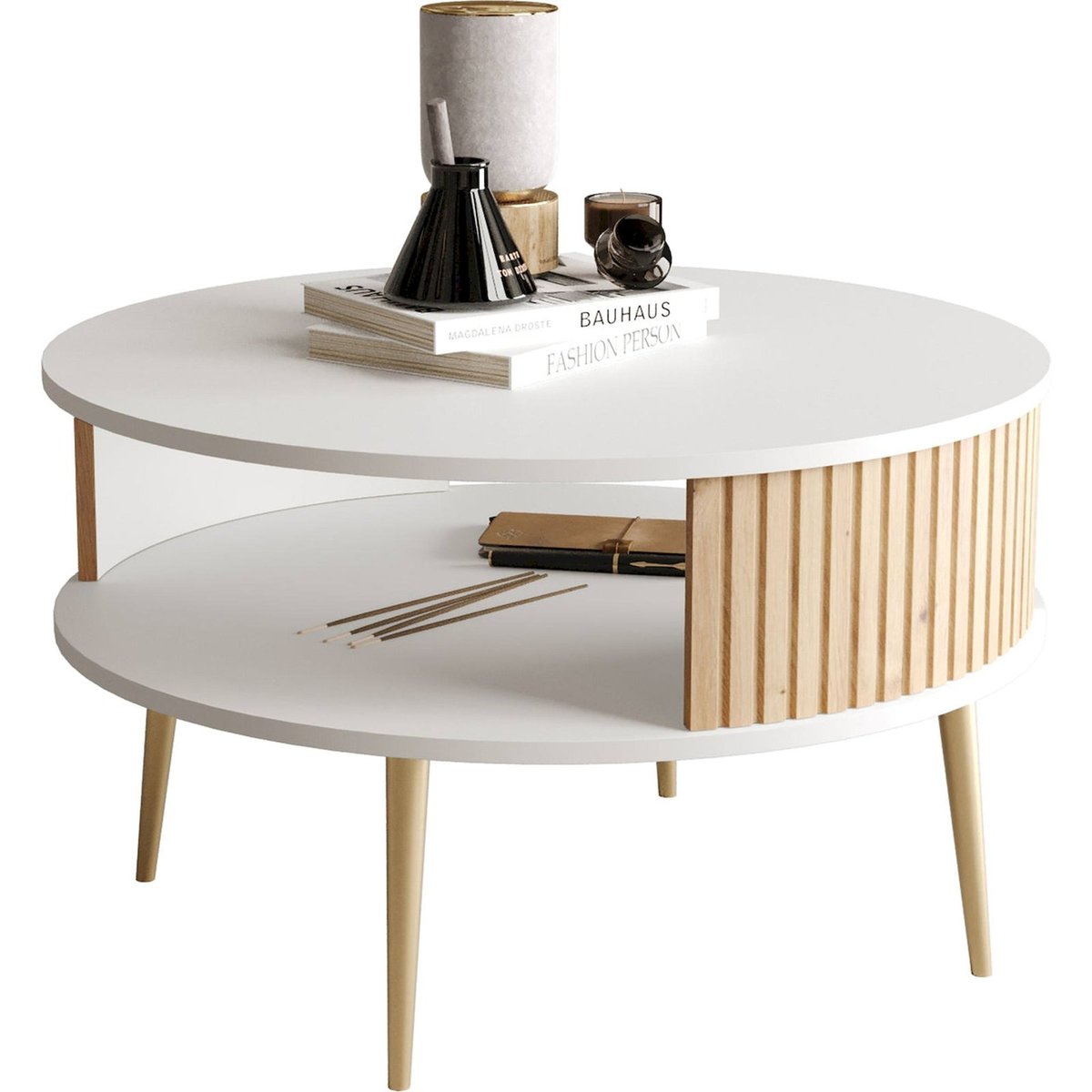 Table basse ronde à lamelles PIVIANO chêne et blanc, RECOLLECTION