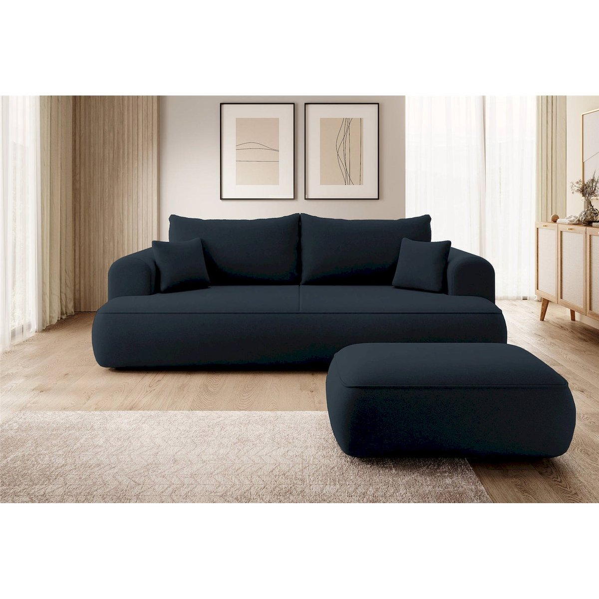 Pouf rectangulaire arrondi en velours OVO bleu pétrole, RECOLLECTION