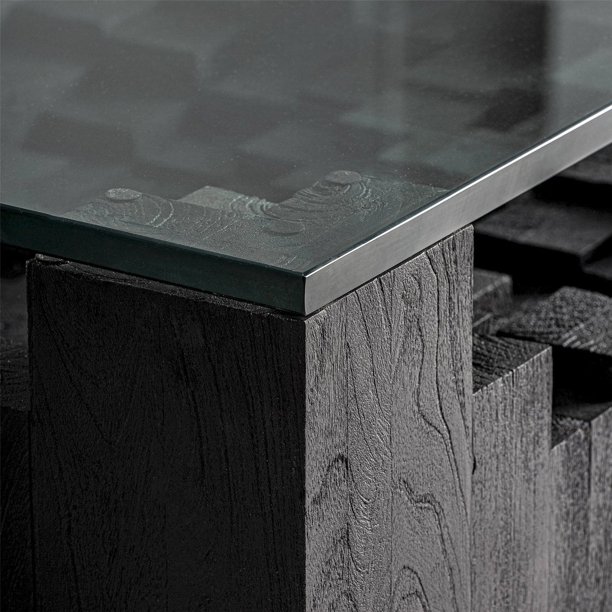 Table basse contemporaine en bois noir sablé bois naturel, RECOLLECTION