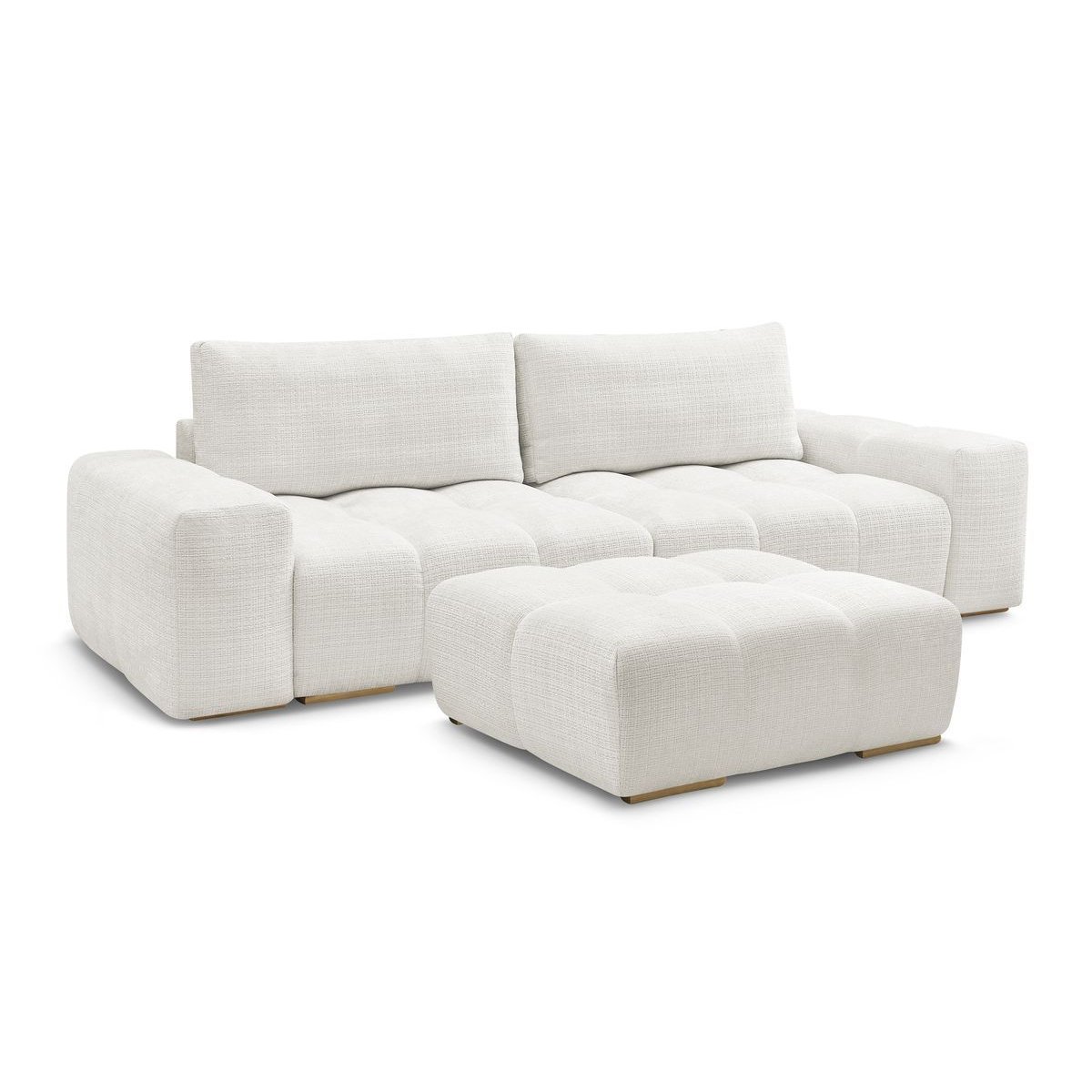 Canapé droit convertible 3 places en tissu texturé avec pouf, ANAKIN blanc, BOBOCHIC