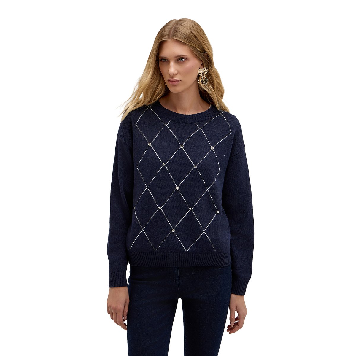 Pull en maille à losanges avec strass bleu, MOTIVI
