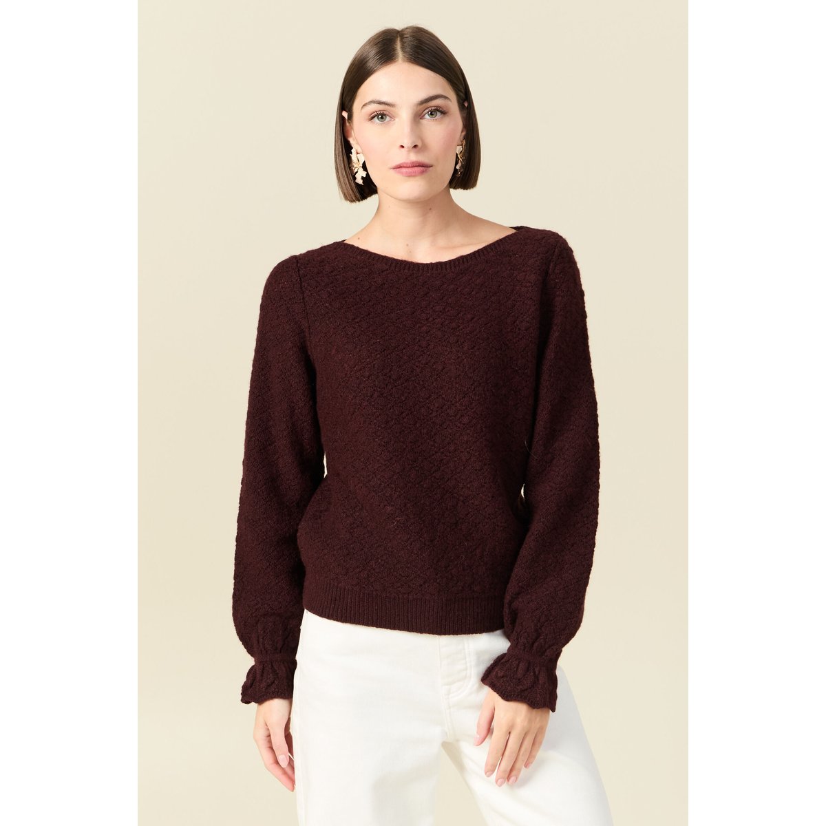 Pull ajouré col bateau manches longues prune, BONOBO