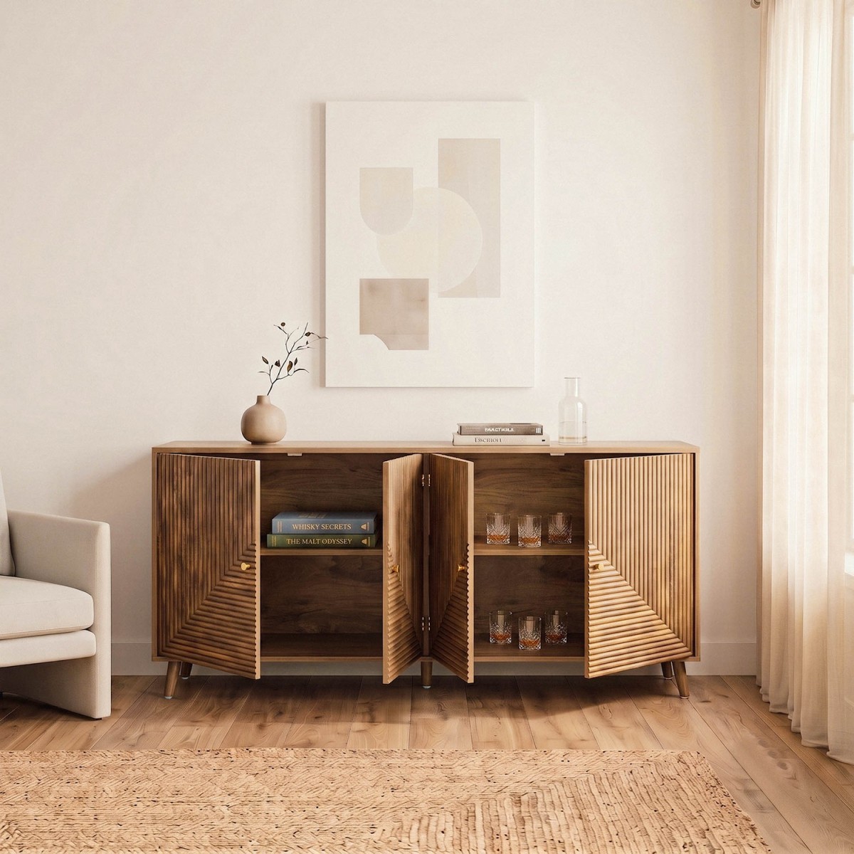 Buffet 4 portes façades lamellées EDEN bois clair, CALICOSY