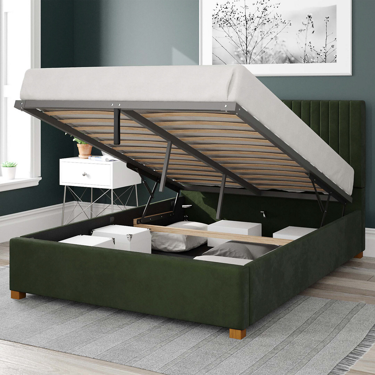 Grant Plush Velvet Storage Ottoman Bed with Vertical Upholstered Headboard forest green, ASPIRE