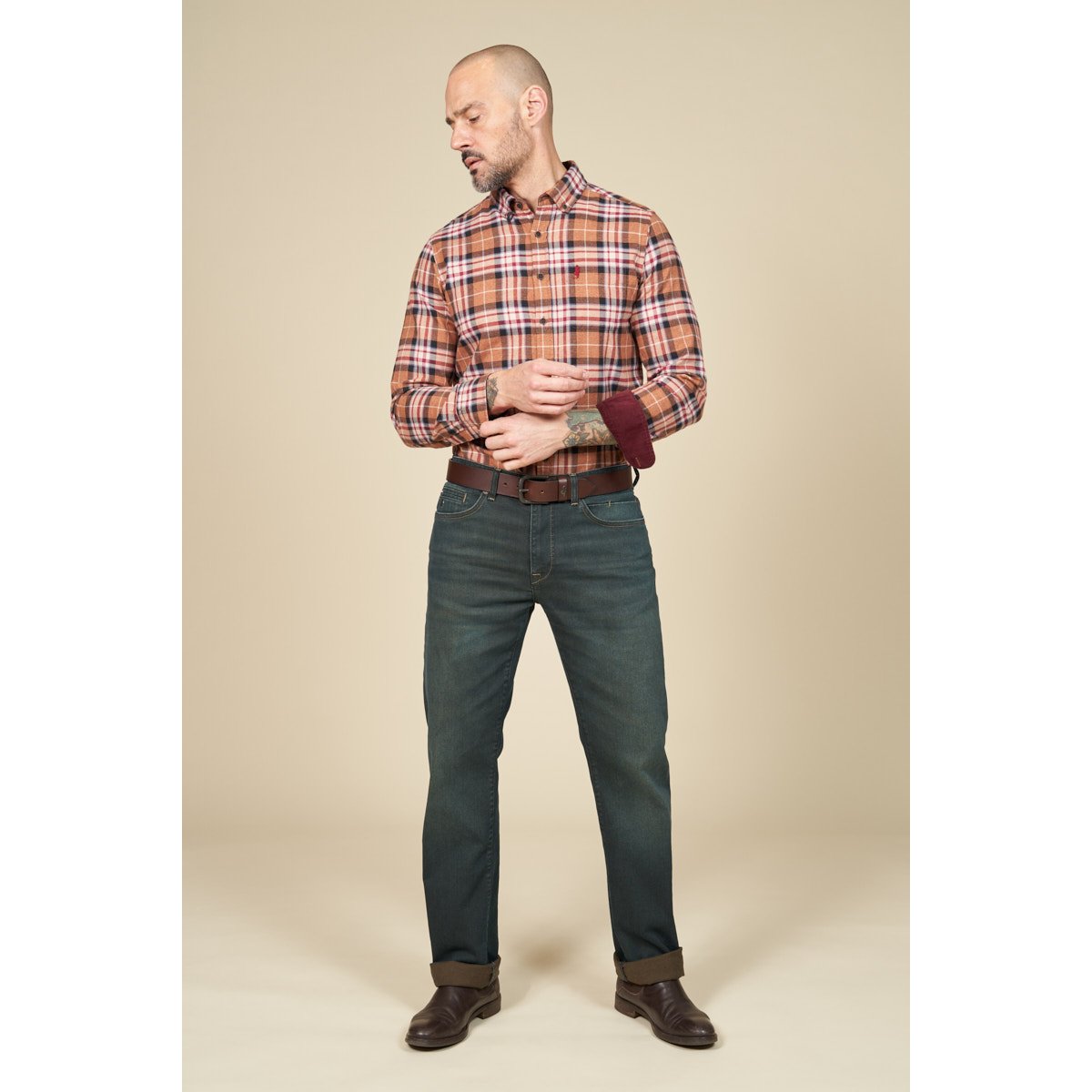 Chemise à carreaux à col boutonné chocolat, MCS