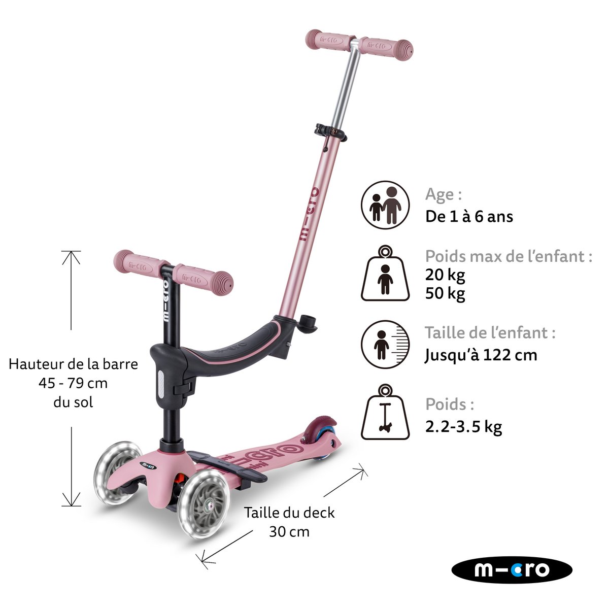 Micro Mini2Grow 2.0 LED - Poudré rose, MICRO MOBILITY