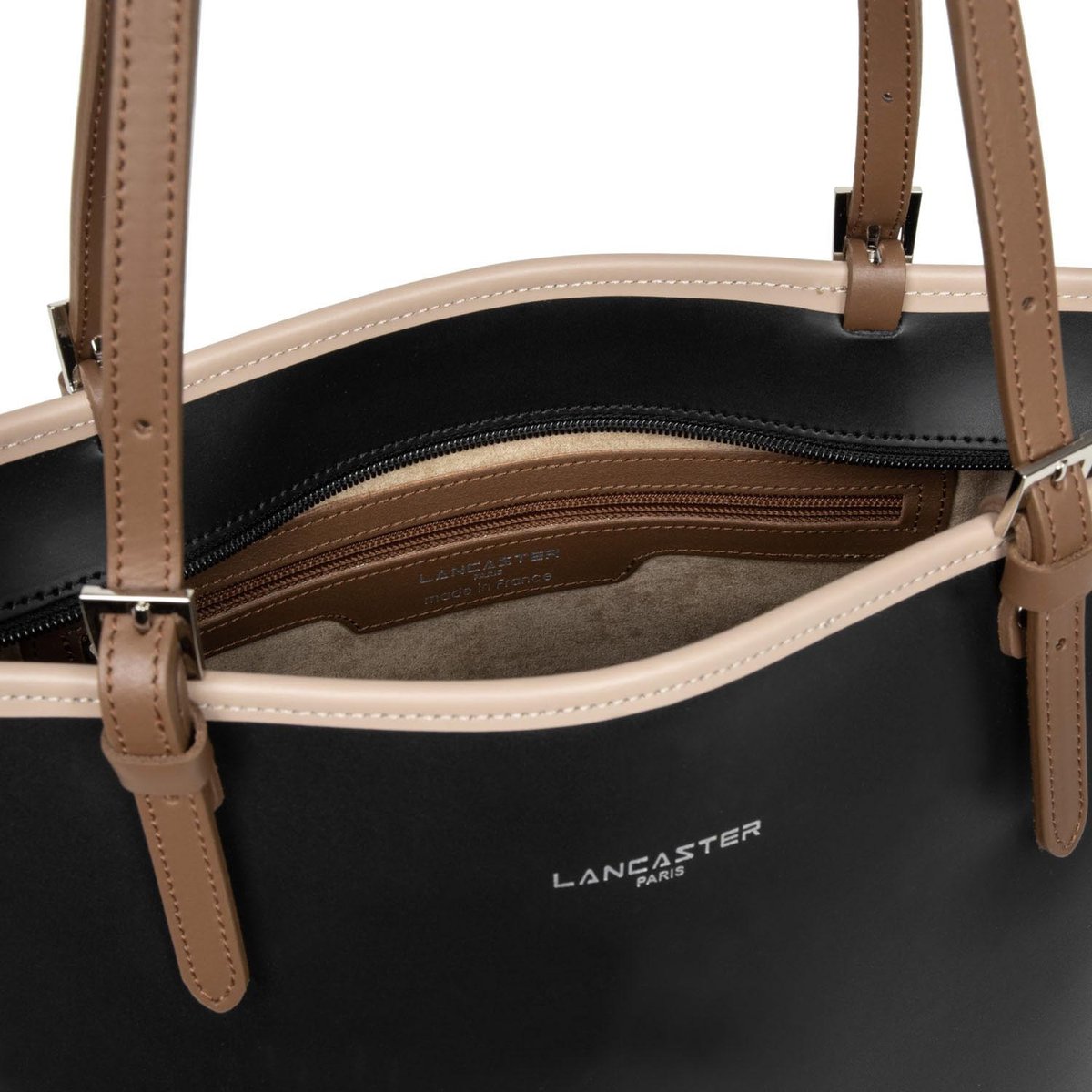 Sac cabas épaule, Made in France SMOOTH noir - nude - vison, LANCASTER