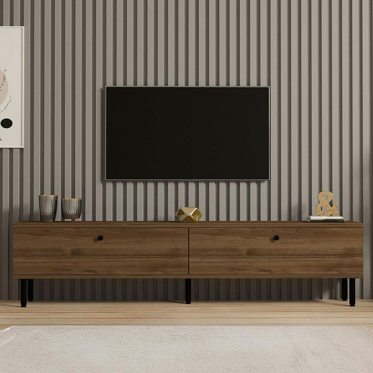 Meuble TV moderne 2 portes effet bois foncé JENA bois naturel, PIER IMPORT