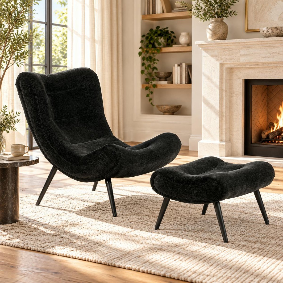 Fauteuil et pouf assortis tissu noir MALMOE noir, PIER IMPORT