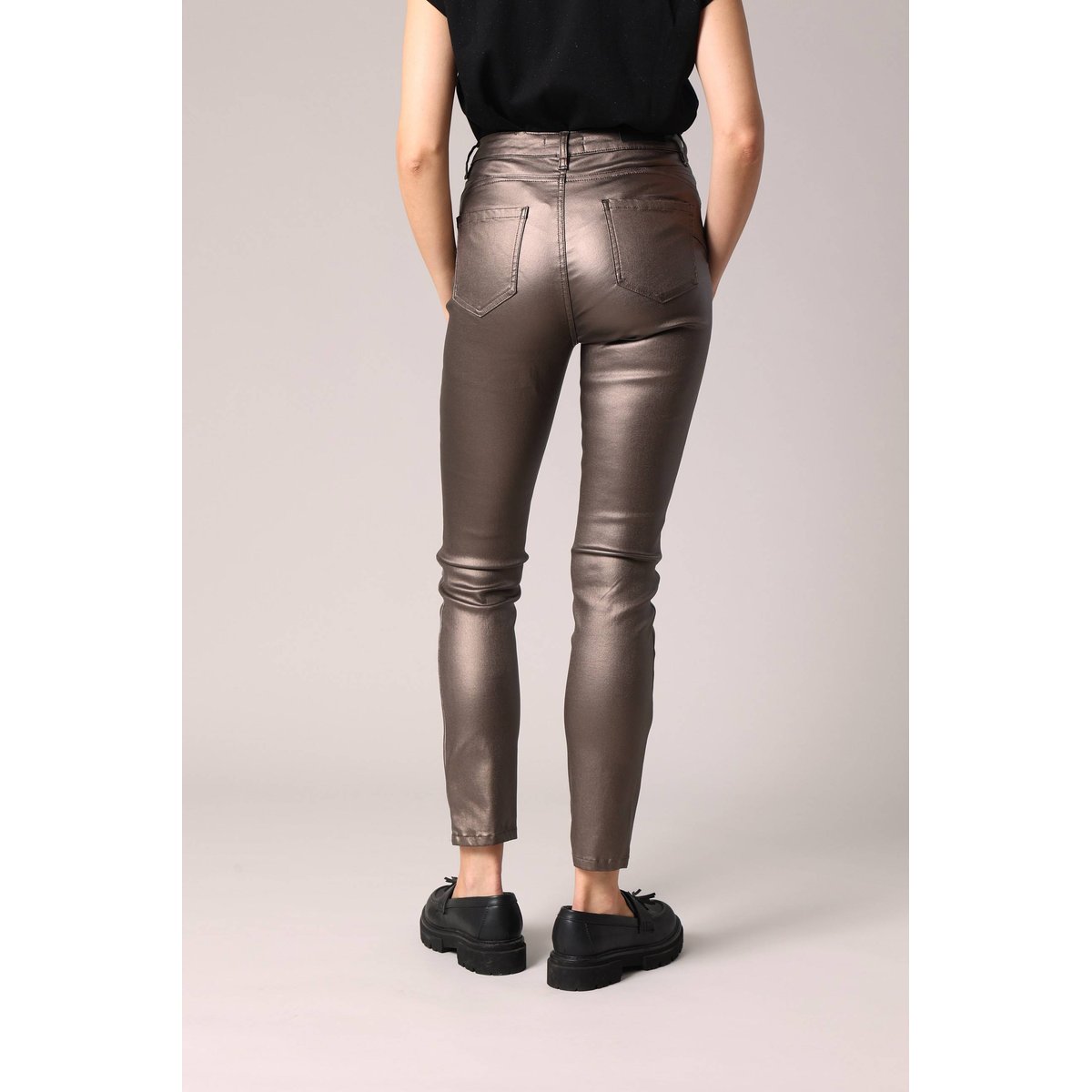 Pantalon slim taille haute, effet métallisé LYSIE taupe, DEELUXE