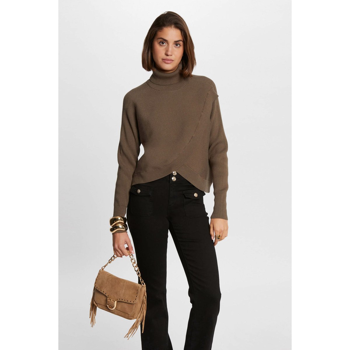 Pull manches longues effet croisé vert kaki, MORGAN