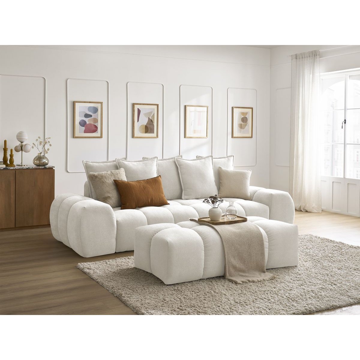 Canapé droit fixe 3 places en tissu texturé avec pouf, EVEREST blanc, BOBOCHIC