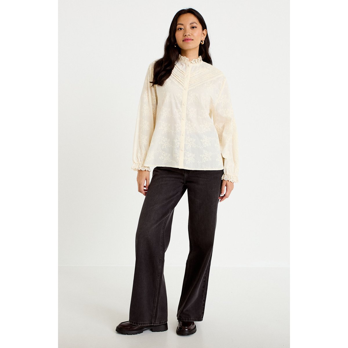 Blouse ample col montant manches longues ivoire, CACHE CACHE