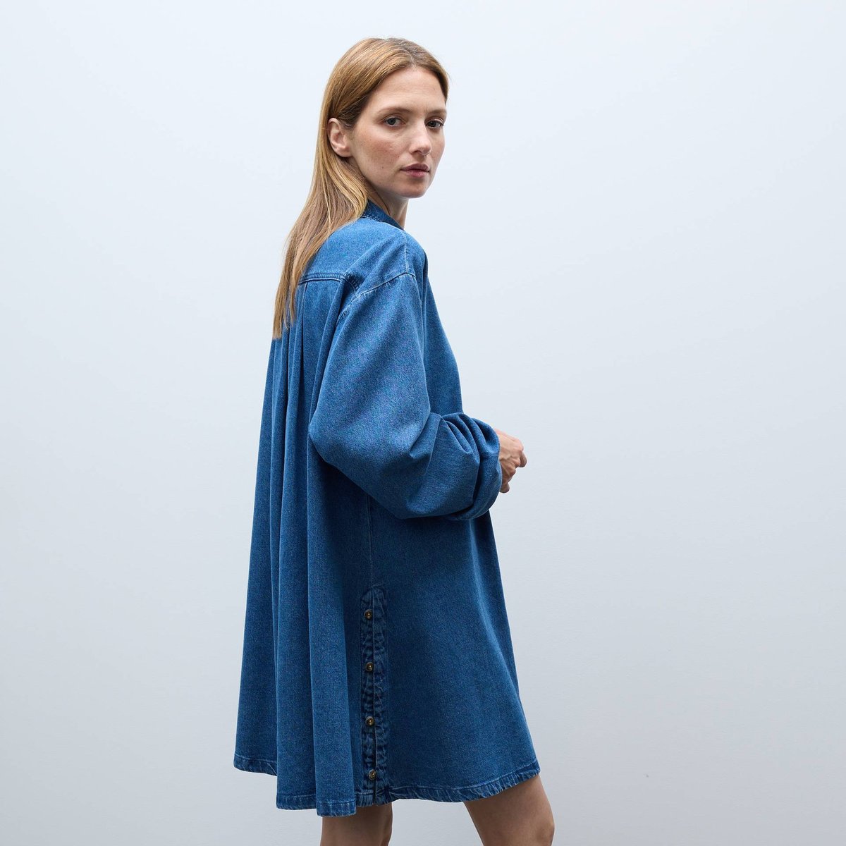 Robe courte manches longues en jean en coton BIO GOTS stone denim, MONOPRIX