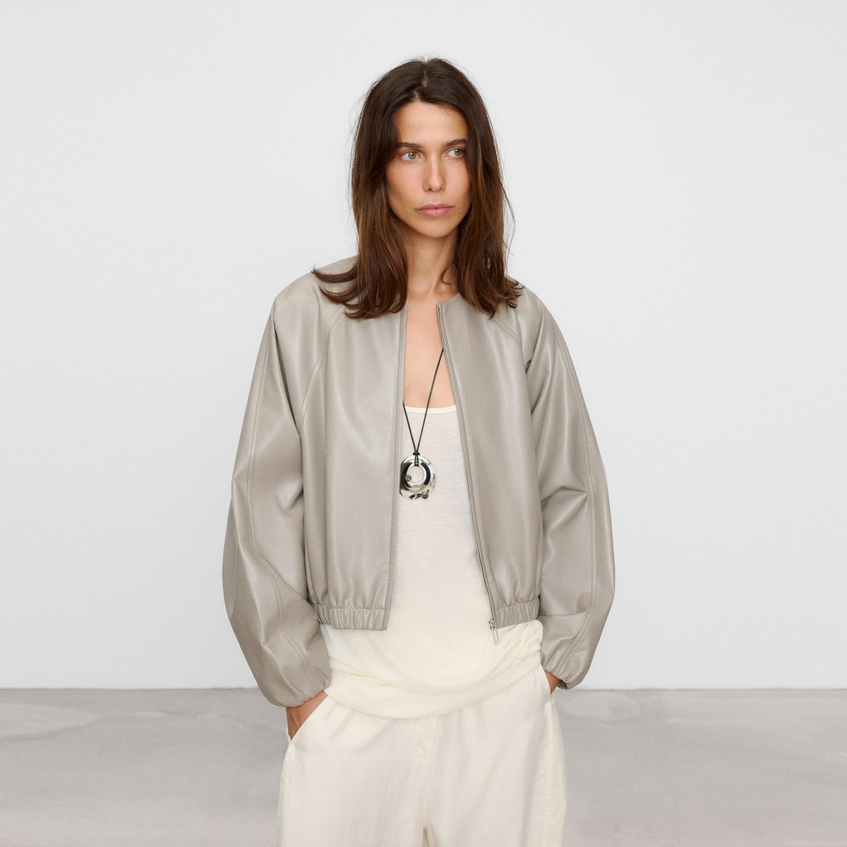 Veste à col rond et fermeture à glissière pierre, ADOLFO DOMINGUEZ