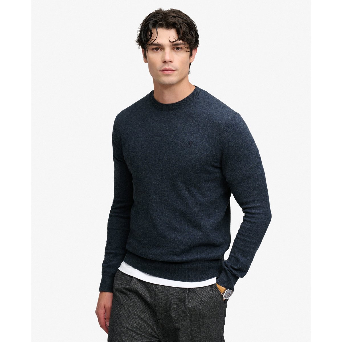Pull Essentiel Léger en Laine Mélangée bleu marine chiné intense, SUPERDRY