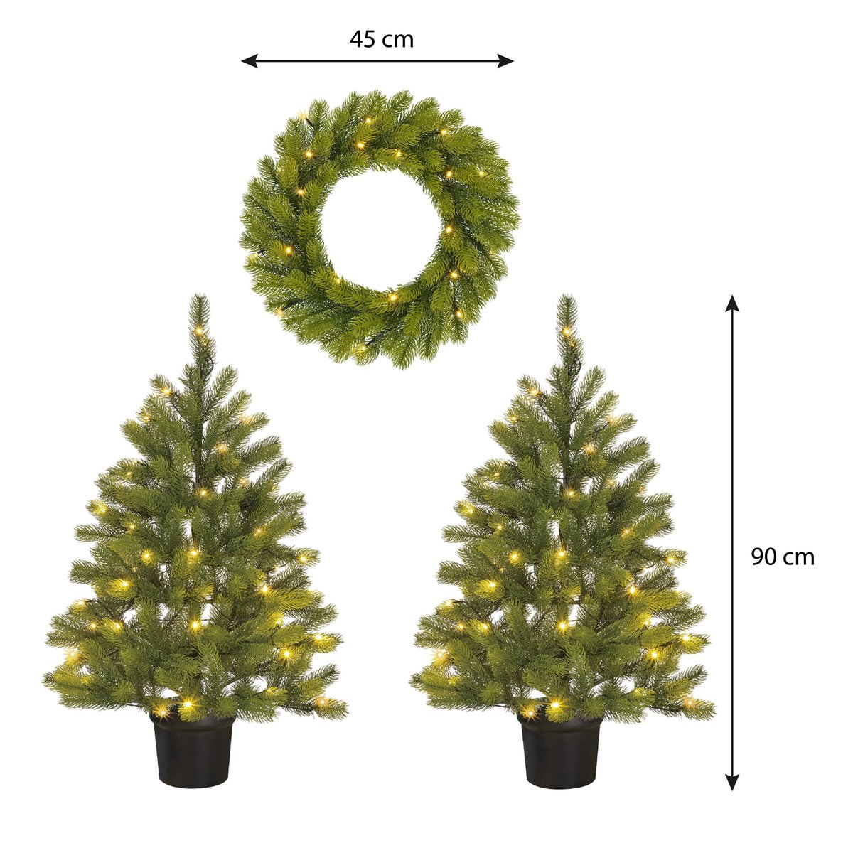 Lot de 2 sapins de Noël et 1 couronne d’extérieur avec LED NAGOYA blanc, BLACK BOX TREES