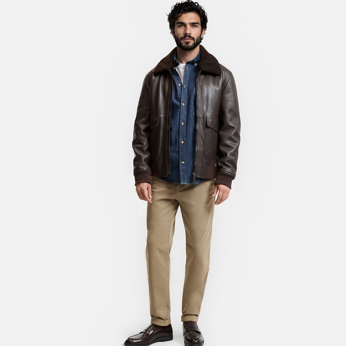 Blouson aviateur en cuir lisse col sherpa rouge cuivre, LA REDOUTE COLLECTIONS