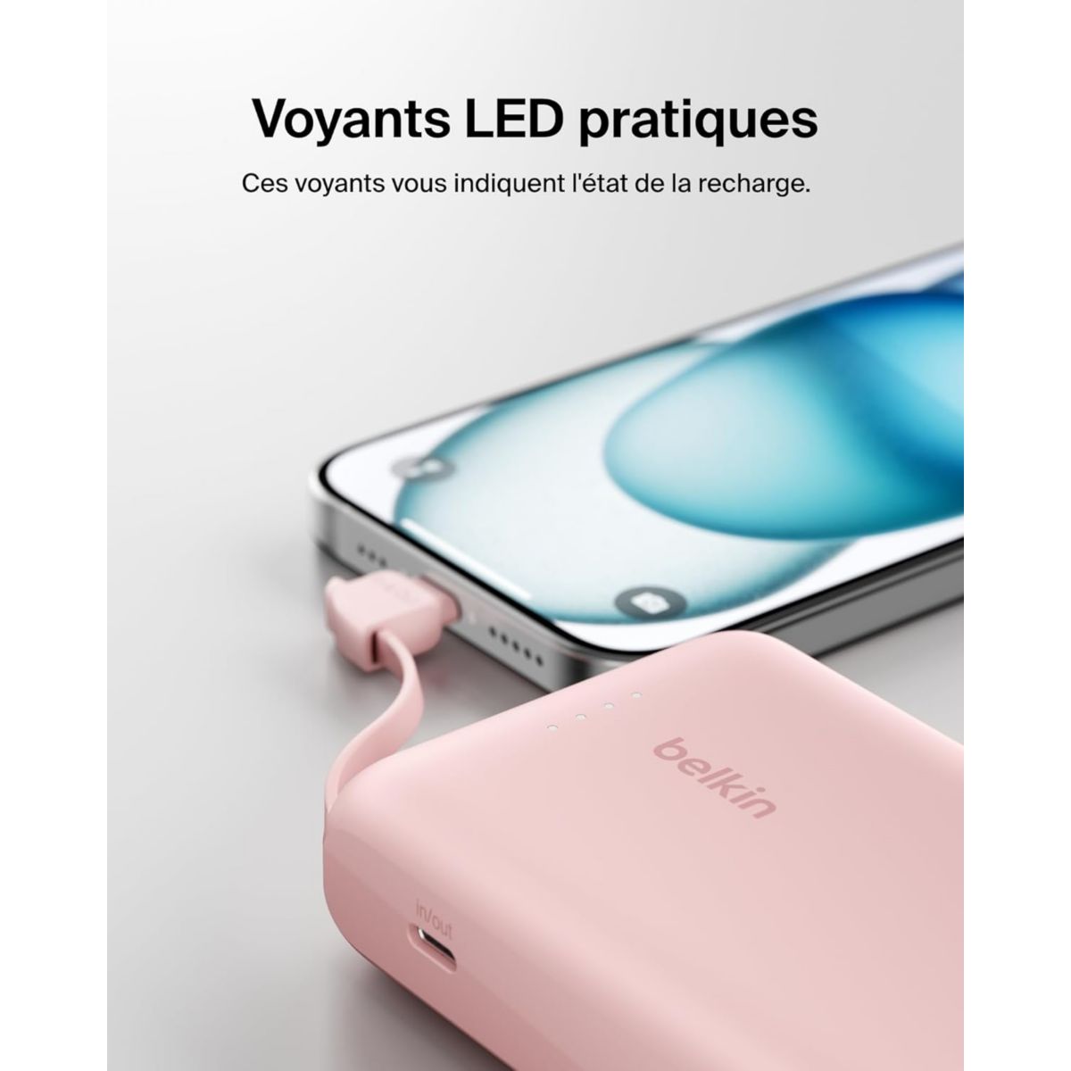 Batterie externe 10000 mAh avec cable USB-C intégre pink couleur unique, BELKIN