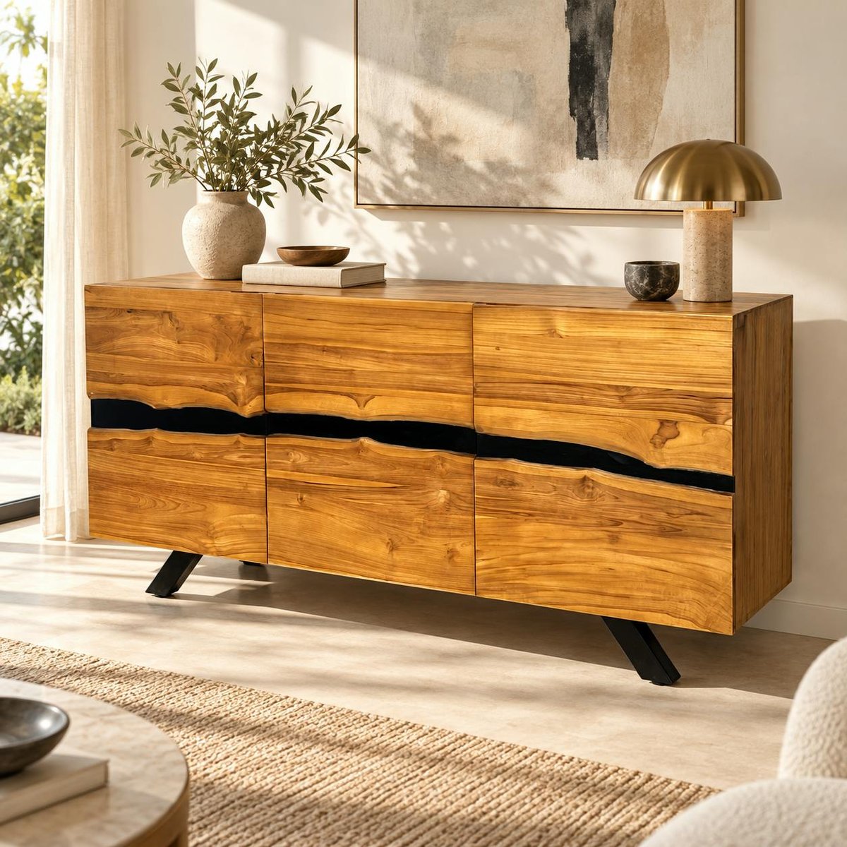 Buffet moderne bois recyclé teck laque noire BARBADE bois naturel, PIER IMPORT