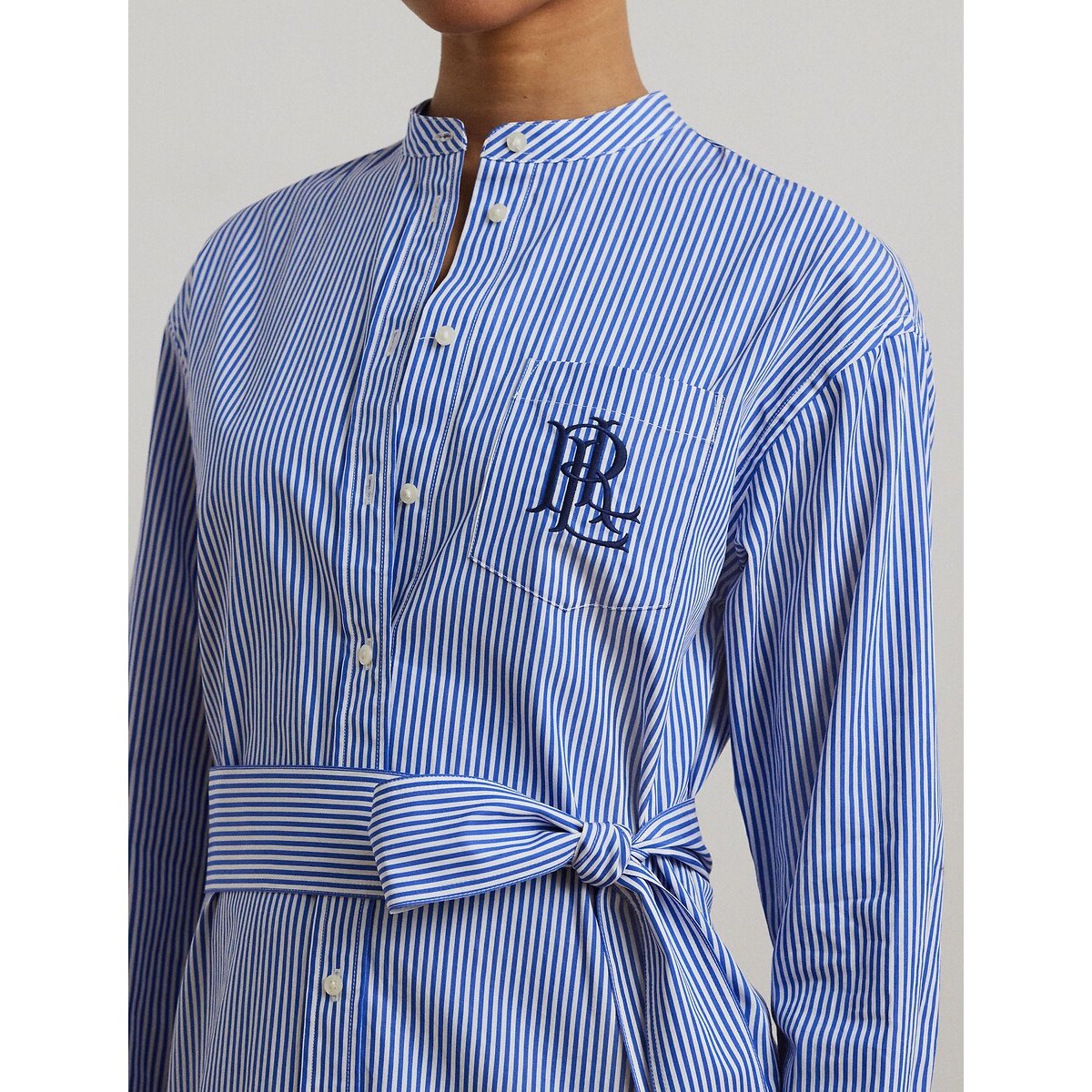 Striped Mini Shirt Dress with Mandarin Collar and Long Sleeves blue/white, LAUREN RALPH LAUREN