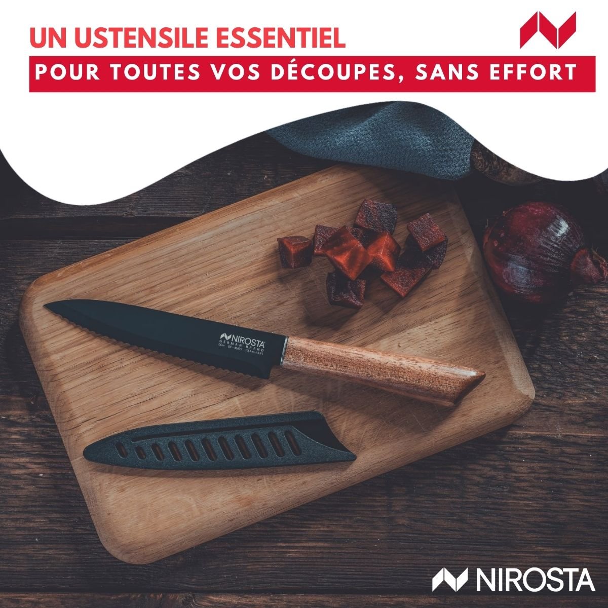 Couteau de cuisine lame crantée 24 cm FLOW bois,noir, NIROSTA