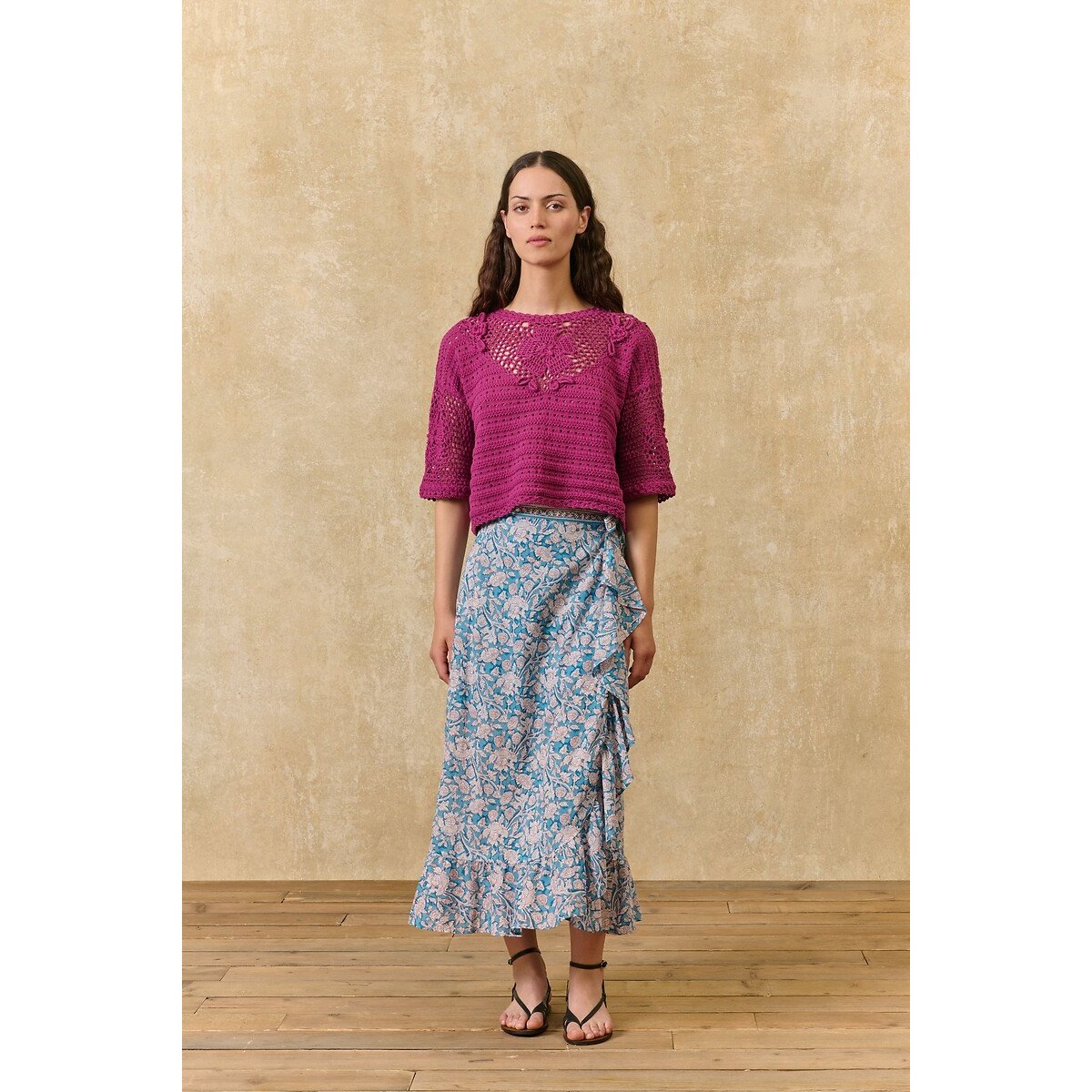 Jupe midi portefeuille fleurie, IMELDA imprimé fleurs bleues, LOUISE MISHA